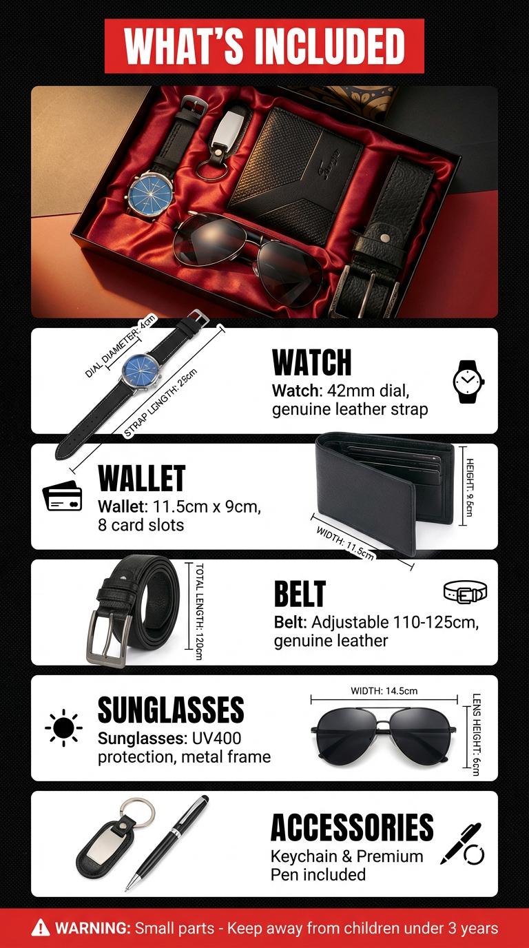 6-in-1 Luxury Men's Gift Set - Watch Wallet Belt Sunglasses Keychain Pen | Premium Business Accessories Box for Dad Husband Boyfriend Boss | Father's Day Birthday Christmas Gifts for Him