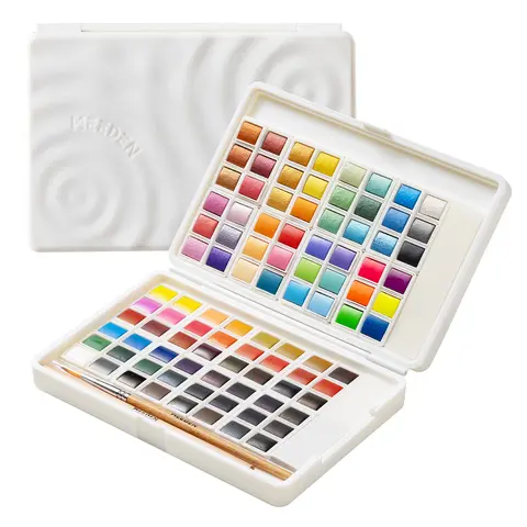MEEDEN Neon Fluorescent Watercolor Hand Painting Set - 48/96 Pigment-Rich Multi-Shade Colors, Partitioned Portable Box, Detail Brush, Mixing Aid, Transparent Washes, Watercolor Art Supplies, Arts Crafts Stationery, Office Essentials