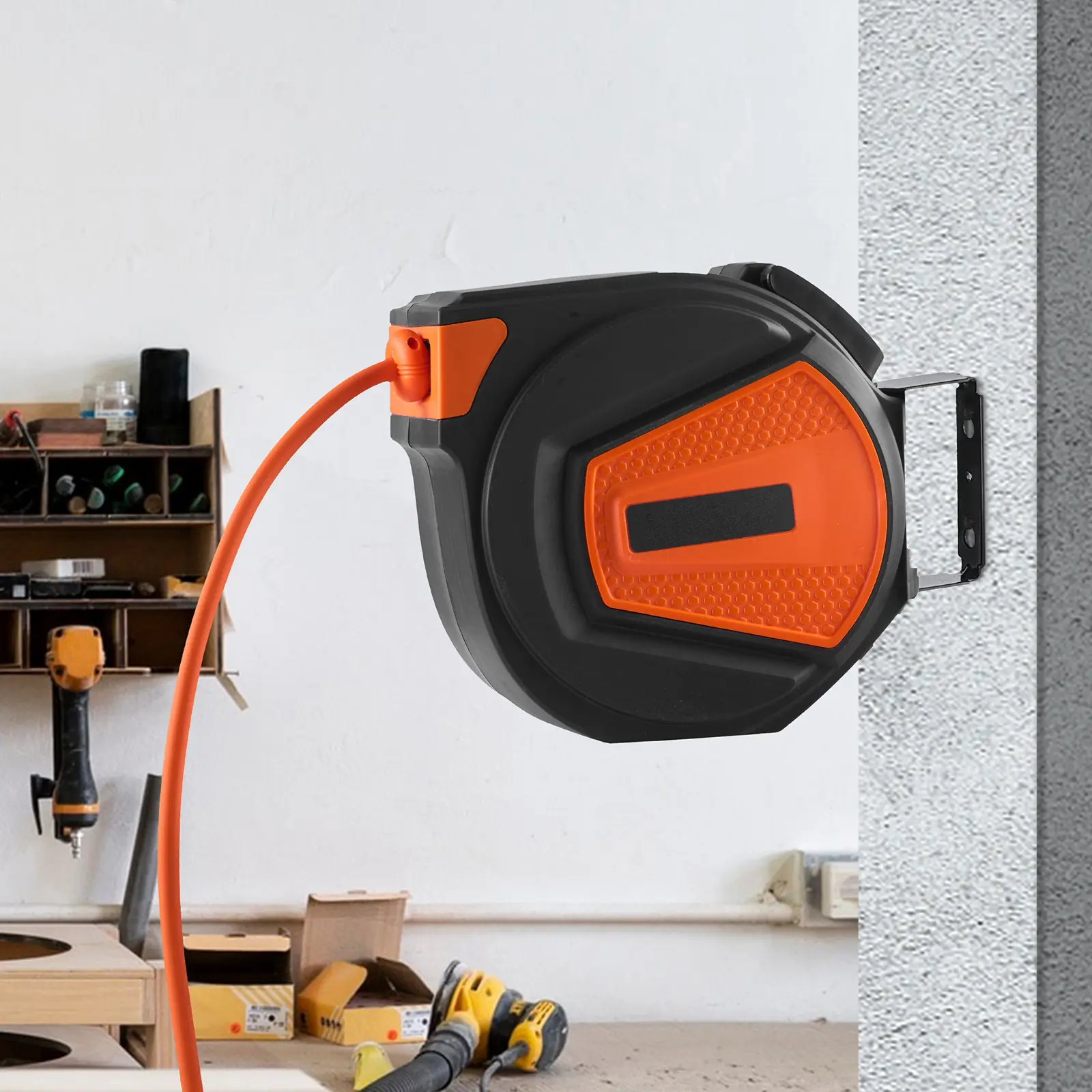 Retractable Air Hose Reel 3/8 IN x 50 FT Hybrid 300PSI Compressor Hose with 5 ft Lead Ceiling Wall Mount 180° Swivel Enclosed Reel