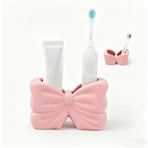 3D Printed  Bow Toothbrush Holder, Pink Ceramic Multi-Purpose 2-Section Organizer for Bathroom, Kitchen, Bedroom, Office Decor