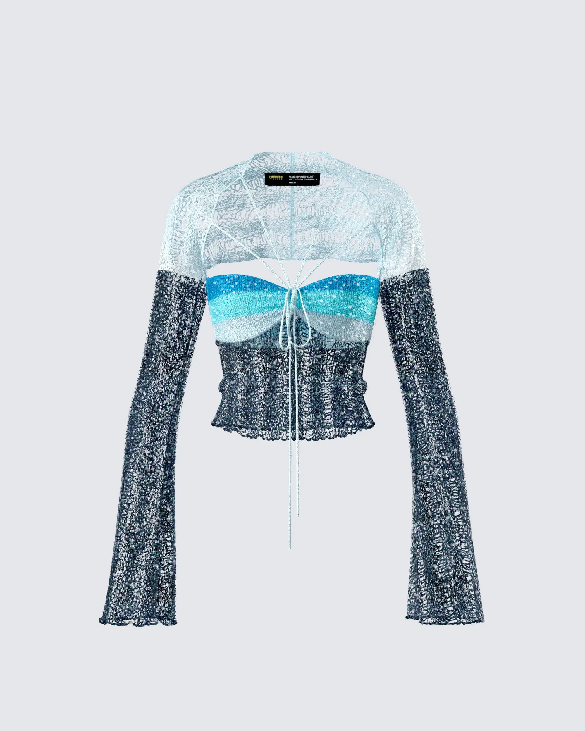 Women's Fitted Vanessa Black Sequin Layers Lace Cropped Polyester Knit Long Sleeve Blouse, Stylish Shirts for Casual & Evening Wear