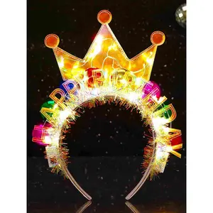 Light Up Happy Birthday Crown Headband Glow Ball Hair Bands Sparkly Birthday Party Hair Accessories Women