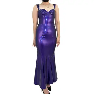 Metallic Purple Halter Dress Long Latex for Women Elegant Stylish Evening Wear Versatile Chic Comfortable