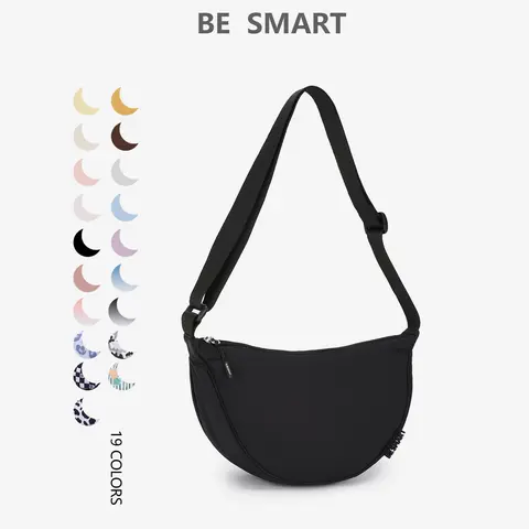 BE SMART Women's Lightweight Nylon Crossbody Bag - Mini Crescent, Waterproof, Athletic, Roomy, Adjustable Strap, Metal Accessories, Steel Logo, Pink Everyday Purse (Nylon Purse, Mini Things for Women)