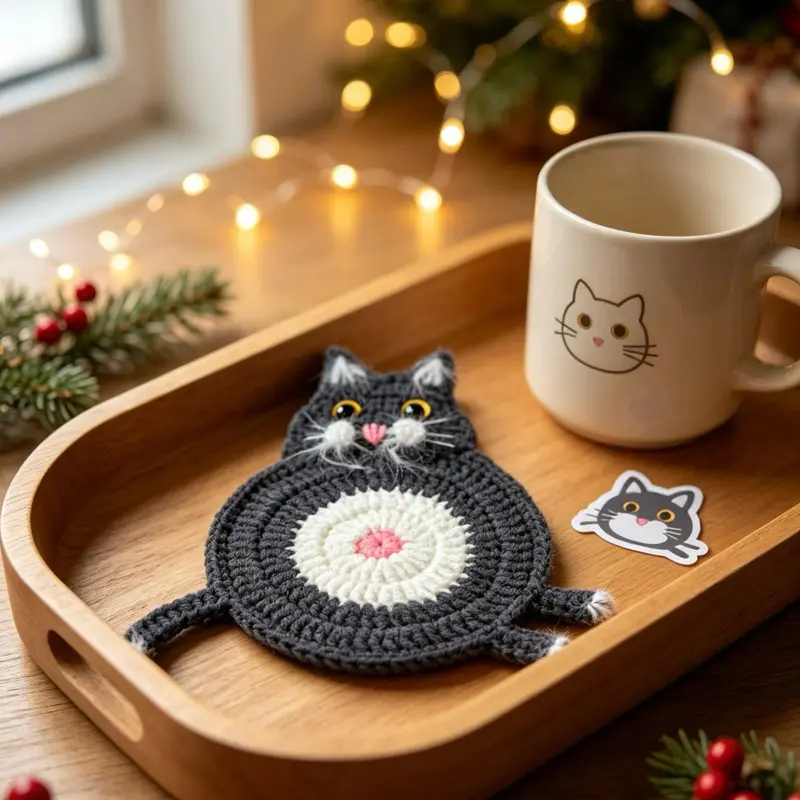 Handmade Crochet Cat Coaster, Cute Cat Drink Coaster, Table Decor Gift