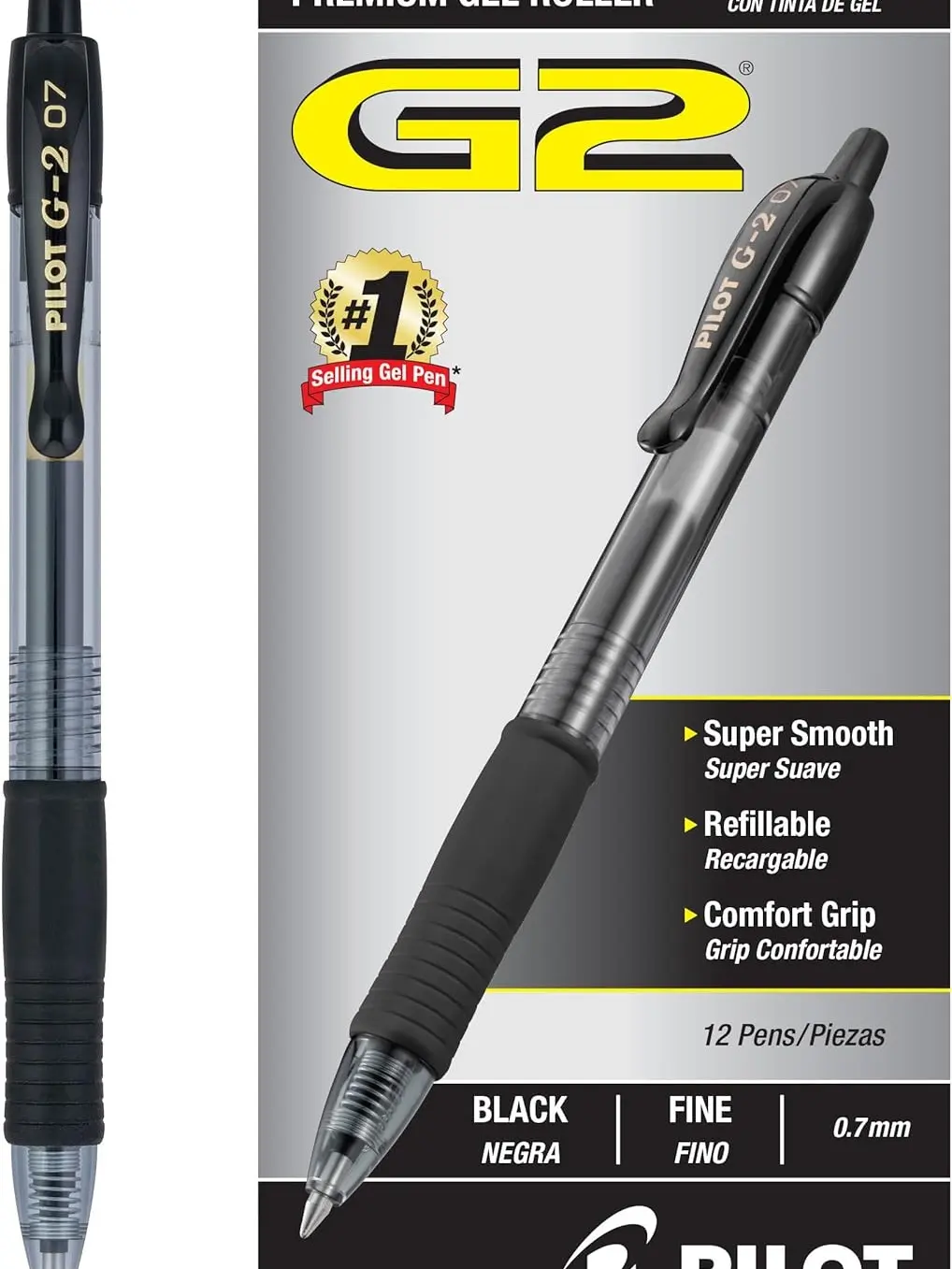 Pilot, G2 Premium Gel Roller Pens, Fine Point 0.7 mm, Black, Pack of 12 (Dozen Box)
