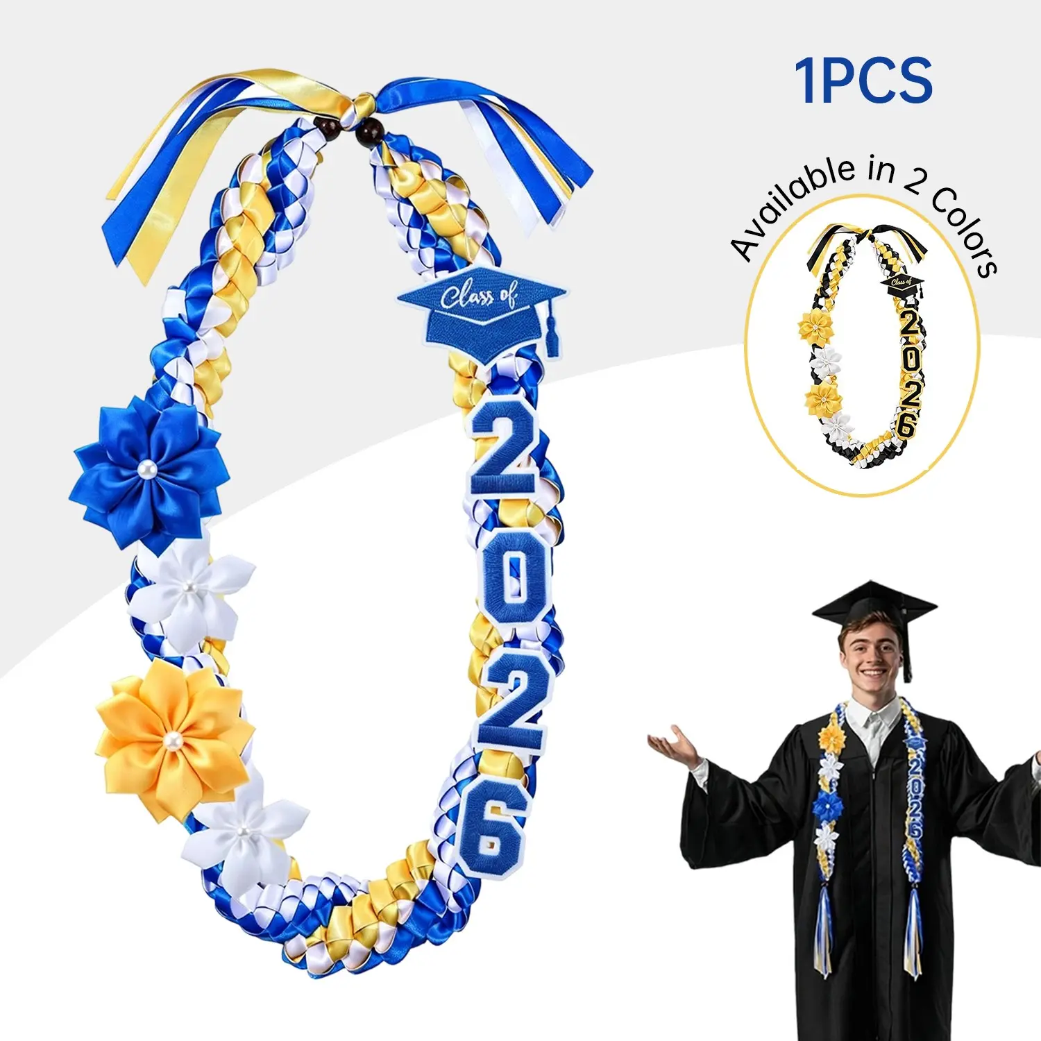 Class of 2026 Graduation Lei, Double Braided Satin Ribbon Lei with 4 Fabric Flowers, 47" Handmade Graduation Leis for Seniors, Graduation Ceremony Keepsake Gift, Graduation Accessory, Fashion