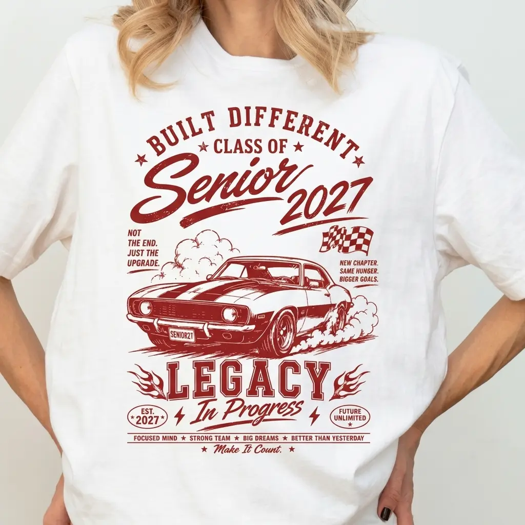 Class of 2027 Senior Legacy T-Shirt, Retro 'Built Different' Racing Graphic, Breathable 100% Cotton Fabric for Everyday Wear, Short Sleeve, Retro Automobile, Vintage Racing Motif