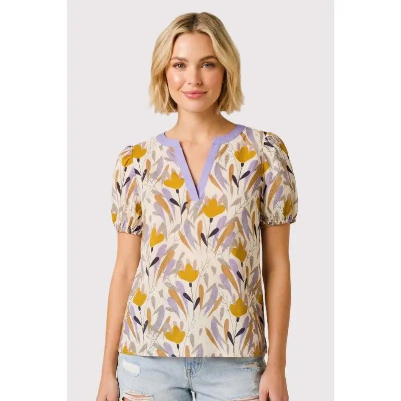 Women's Comfy Casual Cotton Poplin Blouse Top, Lavender & Camel Floral Print, Puff Sleeves, Split Neckline Shirts, Dress Casual, Ditsy Floral, True Size, Colorful Style, Casual Shirt