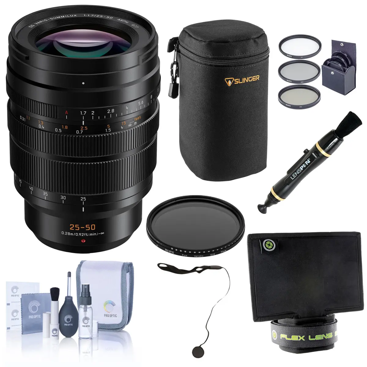 Panasonic LUMIX G Leica DG Vario-Summilux 25-50mm f/1.7 Aspherical Lens for MFT, Bundle w/77mm Filter Kit, 77mm VND Filter, Lens Case, Flex Lens Shade, Lens Cleaner, Cleaning Kit, Lens Cap Tether