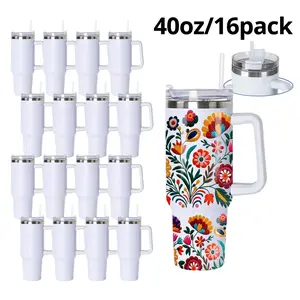 Crafix 40Oz Sublimation Ready Stainless Steel Tumblers - 16-Pack Modern Double Wall Insulated White Reusable Leak-Proof Flasks with Lids, Plastic Straw, Removable Handle for Car, Home,summervibes