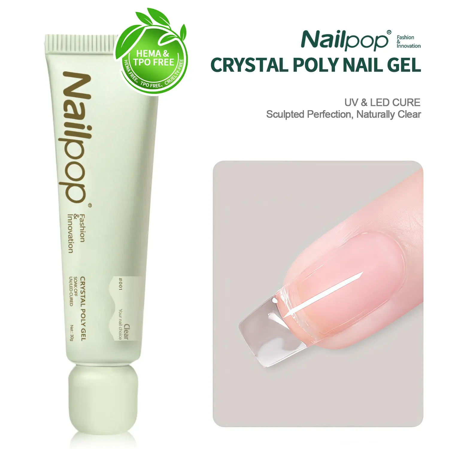 Nailpop Translucent Crystal Poly Gel, 30g Quick-Building Nail Extension Gel for Durable Elegant Finish, Low-Odor HEMA-Free Formula for Nail Artists & Manicure at Home, Flawless