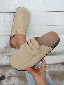 Japanese Style Matte Velvet Bread Head Half Slipper Women, Soft Wood Bottom Anti-Slip Loafers, Vintage Casual Outdoor Lazy Slippers