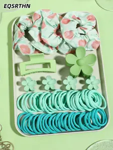60pcs mint green hair accessories set, pink green vignette pattern, matte square grip clip, flower grip clip, satin large intestine hair band, high Elastics hair cord