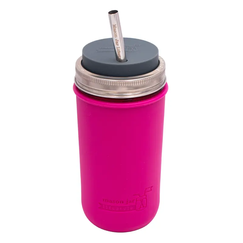 24oz Mason Jar Straw Tumbler with Silicone Sleeve & Stainless Steel Straw