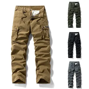 American-style heavyweight pure cotton multi-pocket tactical cargo pants, khaki color, elastic drawstring waist, outdoor wear-resistant straight-leg casual long pants