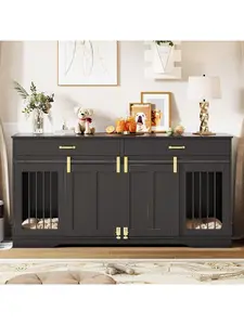 71'' Extra Large Double Dog Crate With Removable Divider, Heavy Duty Dog Kennel Furniture With 2 Drawers & Sliding Door, Wood Indoor Pet Cage Decorative End Table TV Stand, For Large Medium Breeds 71" Dog Crate TV Stand For