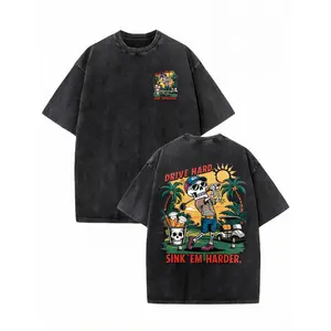 Men's Golf Skeleton Golfer Wash T-shirt - Drive Hard Sink 'Em Harder Funny Golf Skull Design Tee - Beer Golf Cart Shirt, Golf Lover Gift,Machine Washable All-seasons Comfort Fit,Retro Style Printed Pattern Wash Tee