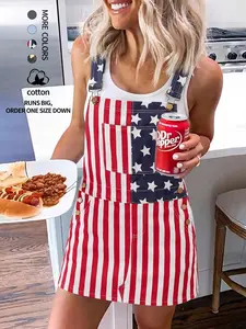 Women's Summer Loose American Flag Print Denim Overall Short Skirt, Straight A-Line Star Striped Print, Comfortable Breathable Fabric