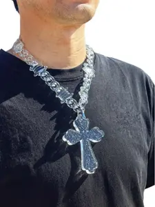 Men's Cross Pendant Necklace with Transparent Multi-Color Acrylic Chain, Unique Daily Style Jewelry, Fashion Accessory for Men