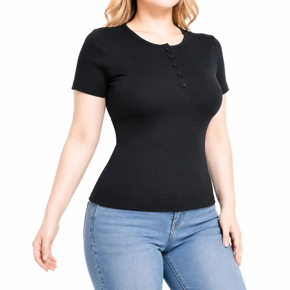 Women's Ribbed Henley Neck Short Sleeve Top, Slim Fit Casual Business Blouse, Soft Stretchy Summer Dressy Work Tee