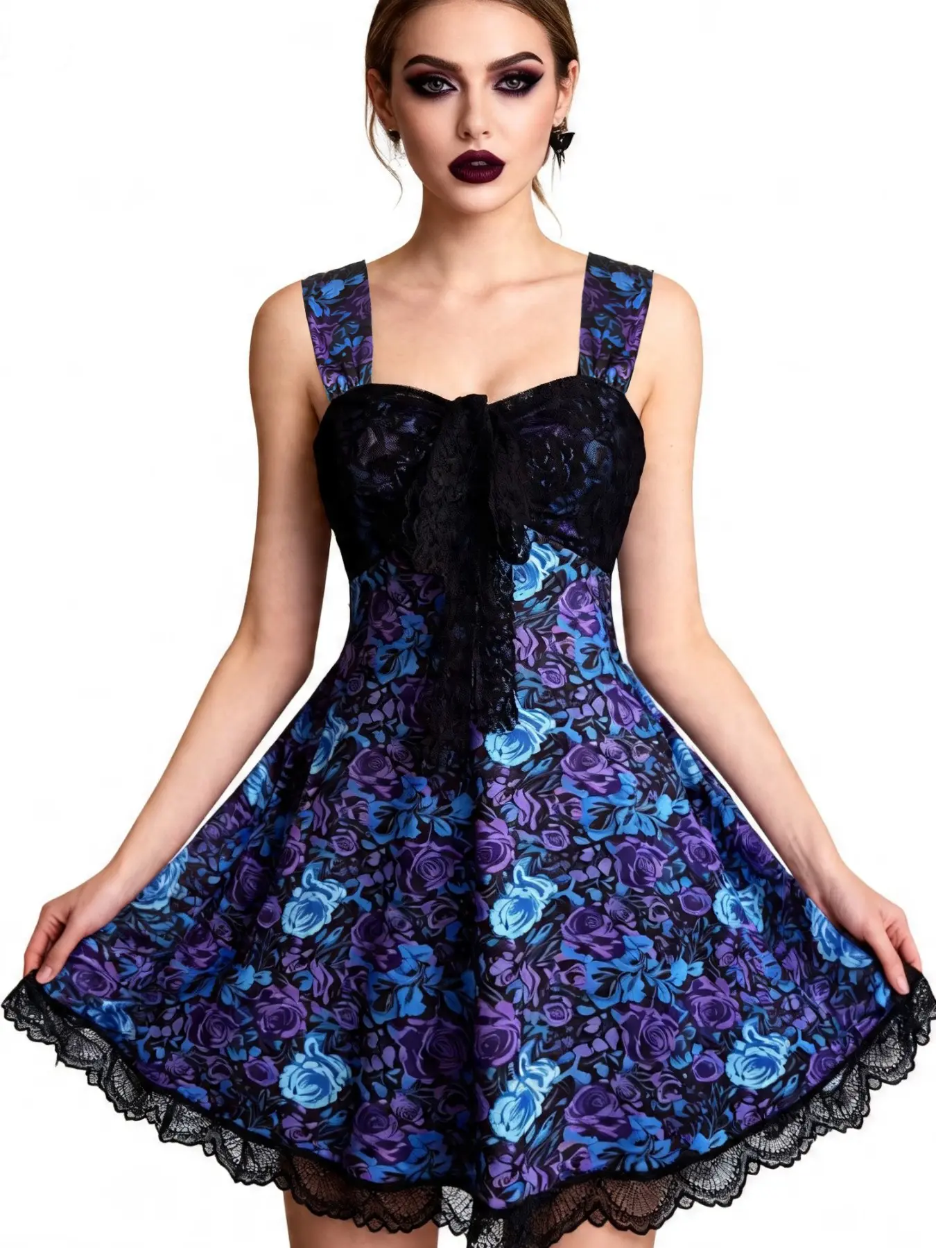 Vintage Style Colorful Floral Rose Print Lace Dress, Summer Women's Printed Dress, Sleeveless, Lace Bow Neck, Lace Patched Skirt, Home Party Dress, Feminine, Elegance, Chic Elegant Dress, Elegant Party Dresses