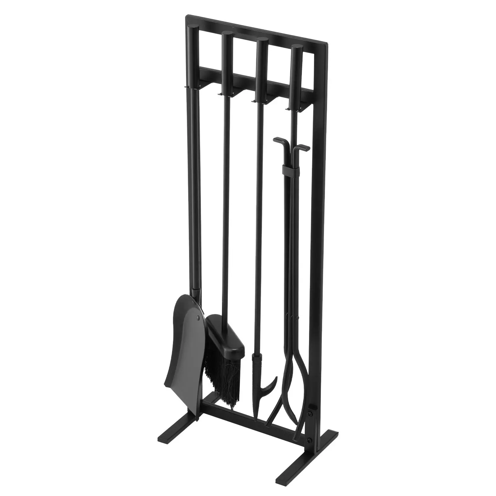 Five-Piece Fireplace Tools Set With Square Frame Stand And Holder, Includes Tongs, Ash Shovel, Brush, Fireplace Poker, Wrought Iron Steel Construction For Indoor And Outdoor Use, Durable Black Finish And Easy Assembly
