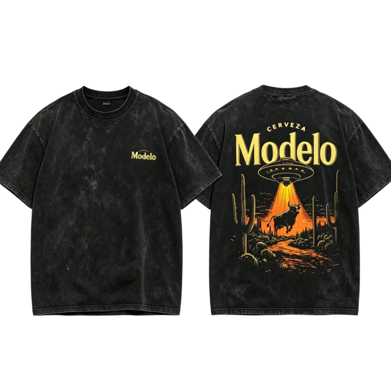 Men's Short-Sleeve Retro Cerveza Modelo Graphic T-Shirt, Black Vintage Distressed UFO Abducting Bull Desert Cactus Print, Bold Text, Regular Fit Stretch, Spring/Summer American Beer Gathering Apparel