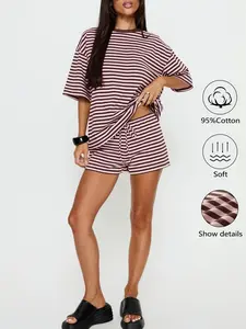 Summer New Women's 2-Piece Cotton Striped Short Sleeve T-Shirt & Shorts Set, Loose-Fitting Casual Fashion Womenswear for Daily Wear