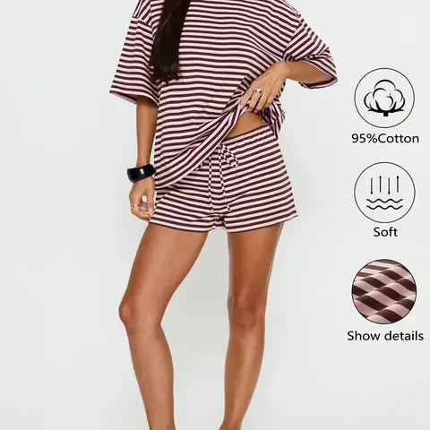 New Summer Women's 2-Piece Cotton Breathable Striped Short Sleeve T-Shirt & Shorts Set, Loose-Fitting Casual Fashion Daily Wear Bottoms