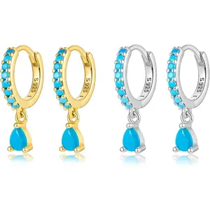Turquoise Western Small Hoop For Women Set,925 Sterling Silver Hoop Earrings,Birthstone Hoops Dainty,Blue Gemstone Dangle Hoops,Fashion Jewelry Gifts.