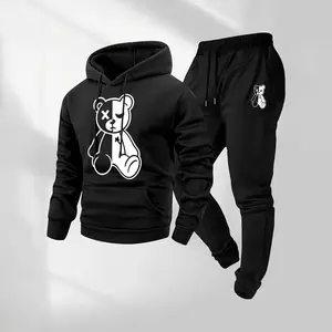 Men's Violent Bear Patterned Hoodie And Drawstring Track Pants Set, Men's Casual Athletic Long-Sleeved Hooded Jacket And Pants, Suitable For Fall And Winter, Street Style Hoodie Set, Men's Everyday Wear, Indoor And Outdoor Sportswear,