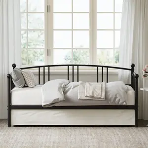 Twin Metal Daybed with Pull-Out Trundle – Space-Saving 2-in-1 Bed – Heavy Duty Steel Slats, Arched Headboard – Easy Assembly – Ideal for Guest Room, Living Room, Bedroom – Black