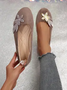 Women's Round Toe Flat Shoes, Ballet Flats, Solid Design, Rhinestone Flower Decor, One-Step Easy Wear, Comfortable Casual Footwear, Perfect for daily casual wear and festive events, Ballerina Flats Shoes
