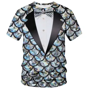 Unisex Mermaid Scale Tuxedo Print T - Shirt with Bow Tie, Ideal for Formal Parties, Evening Events, Festive Celebrations, Stylish Adult Casual Formal Wear