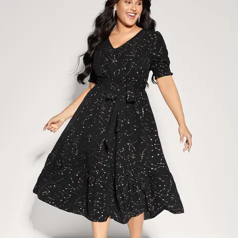 BloomChic Shimmery Star Print Stretchy-Waist Midi Dress 【M-6XL】