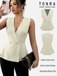 2026 Cross-Border European and American Style Sleeveless Summer New Fashion Deep V Button Professional Pure Color Tank Top