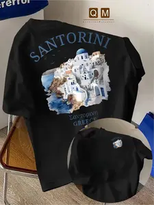 Men's Round Neck Short Sleeve T-Shirt, Greek Santorini Print, Multi-Color Options, Soft and Breathable, Casual Daily Wear