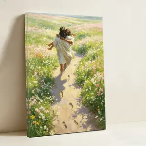 Canvas Painting of Two People Embracing in Pastoral Flower Sea, Niche Healing Emotional Art Wall Decor for Entrance Halls and Homestays