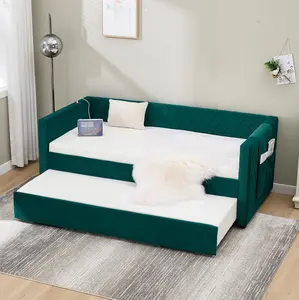 Twin Size Upholstered Daybed with Trundle, Velvet Sofa Bed w/Charge Station, Modern Pull-Out Platform Bed-Frame, Space-Saving Sleeper Sofa for Bedroom Living, Green