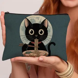 1pc Whimsical Animal Illustration  Makeup Bag -  Cat Noodles Zippered Multifunctional Travel Toiletry Organizer with Floral Design, Portable Cosmetic Pouch for Women & Men, Ideal for Business, Daily Use, Travel Makeup Bag