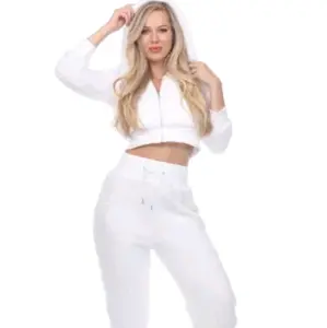 Women White Fluffy Hooded Jacket Athletic Two-Piece Pants Set