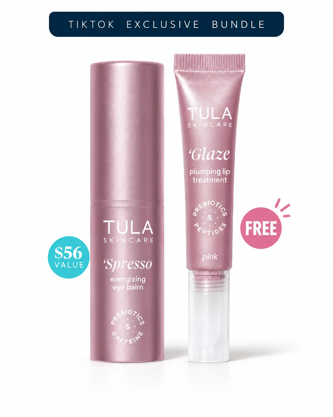 TULA TTS Exclusive Pink 'Spresso Eye Balm with Caffeine and Prebiotics & 'Glaze Lip Treatment with Peptides
