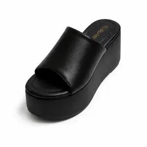 Butevar Women's Chunky Platform Wedge Sandals, 90s Open Toe Slip-On Flatform Walking Shoes, Black Casual Comfortable Slides