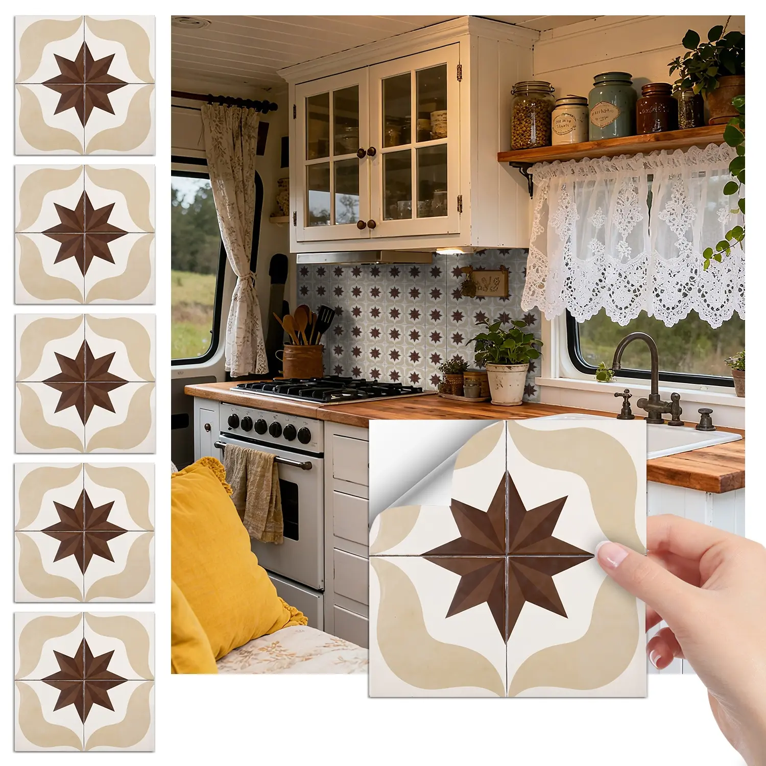 24PCS Brown-Beige Retro Star Tile Stickers | Matte PET Peel & Stick Waterproof Decals