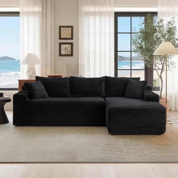 106" Cloud Sectional Couch with L-Shape Chaise, Modern Minimalist Modular Sectional Sofa, Fluffy Corduroy Upholstered Couches for Living Room, No Assembly Required (Black, Right Facing Chaise)