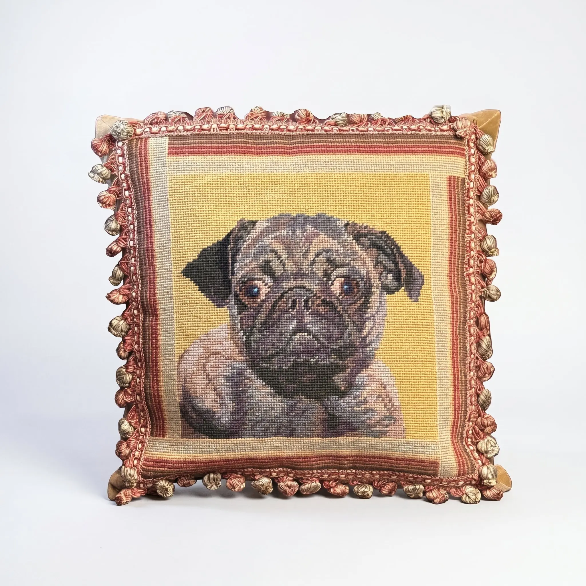 Handmade Wool Needlepoint Pug Face Pillow - 16x16in, Dry Clean Only, Rear Zipper Closure, Embroidered Craft Design, Bedding Soft Furnishing Decor, 16X16"