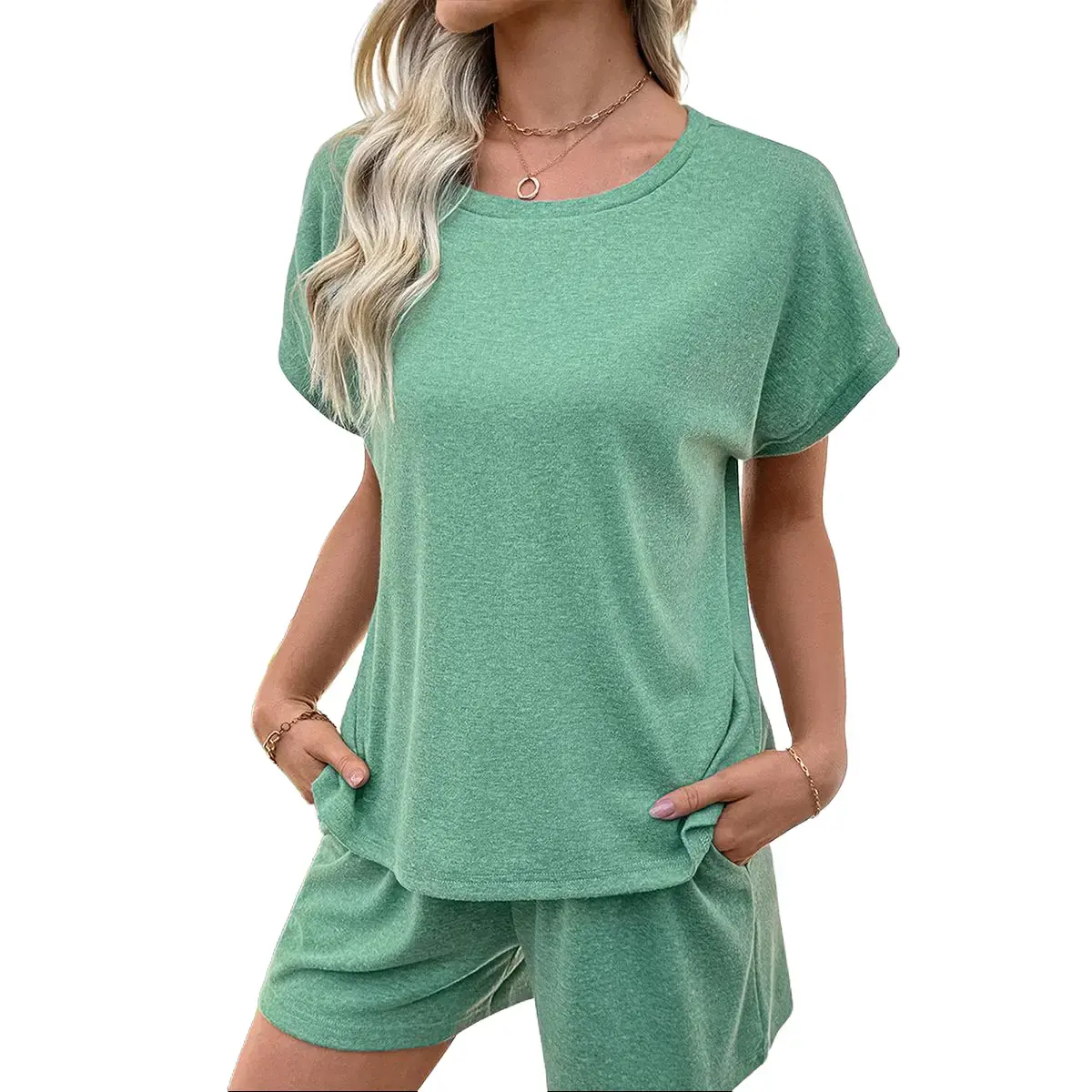 Shewin Women's Basic 2-Pcs Casual Elastane Summer Set - Round Neck Short-Sleeves Casual Fit Loose Top, Above-the-Knee Pocket Shorts, for Daily Lounging