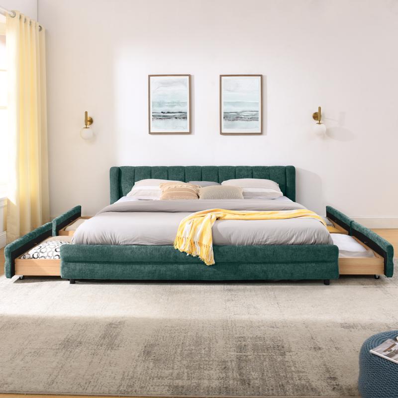 King Size Upholstered Bed Frame with Headboard and 4 Storage Drawers, Solid Bed Frame with Thick Fabric, Comfortable Upholstered Bed Frame, Chenille Fabric (86.5''*84''*29.5'')