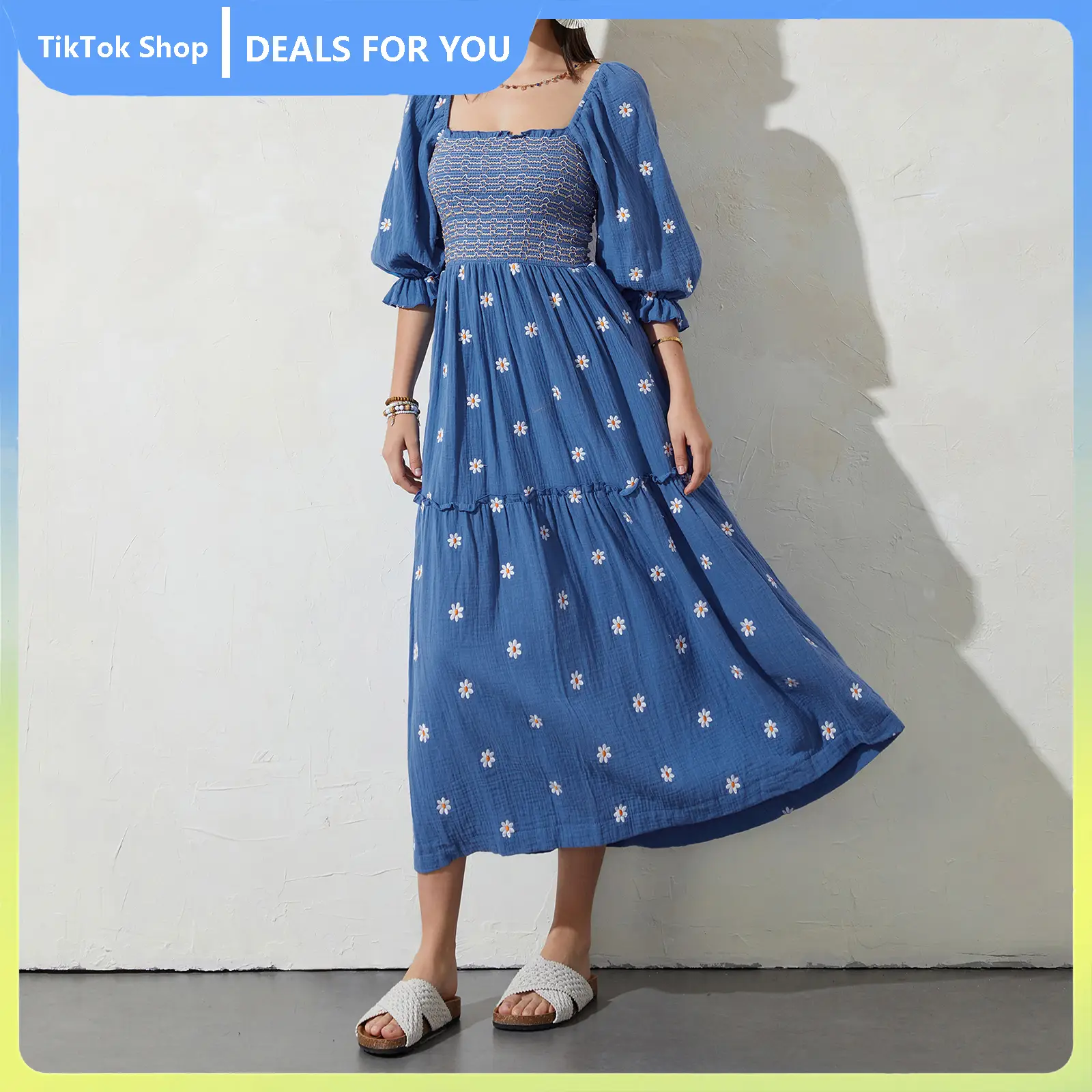 Women Summer Casual Long Dress 3D Embroidered Flowers Square Neck Puff Sleeve Dress Fashion Backless A-line Dress Flower Embroidered Long Dress  Lante